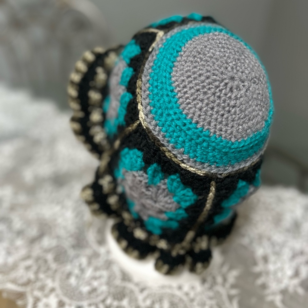 Crochet Hat in Black, Gray, and Teal